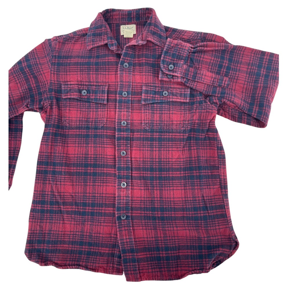 LLBean Mens Flannel Shirt‎ S Red Navy Plaid Traditional Fit Long Sleeve Button